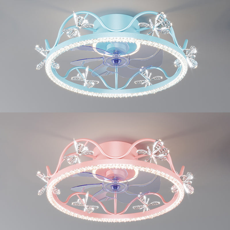Crown Shaped Kids Bedroom Fan Lighting Metal Macaron LED Semi Flush Ceiling Light with Crystal Decor