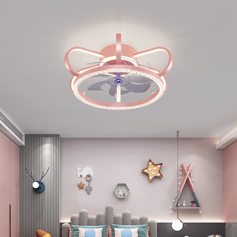 Crown Shaped Kids Bedroom Fan Lighting Metal Macaron LED Semi Flush Ceiling Light with Crystal Decor
