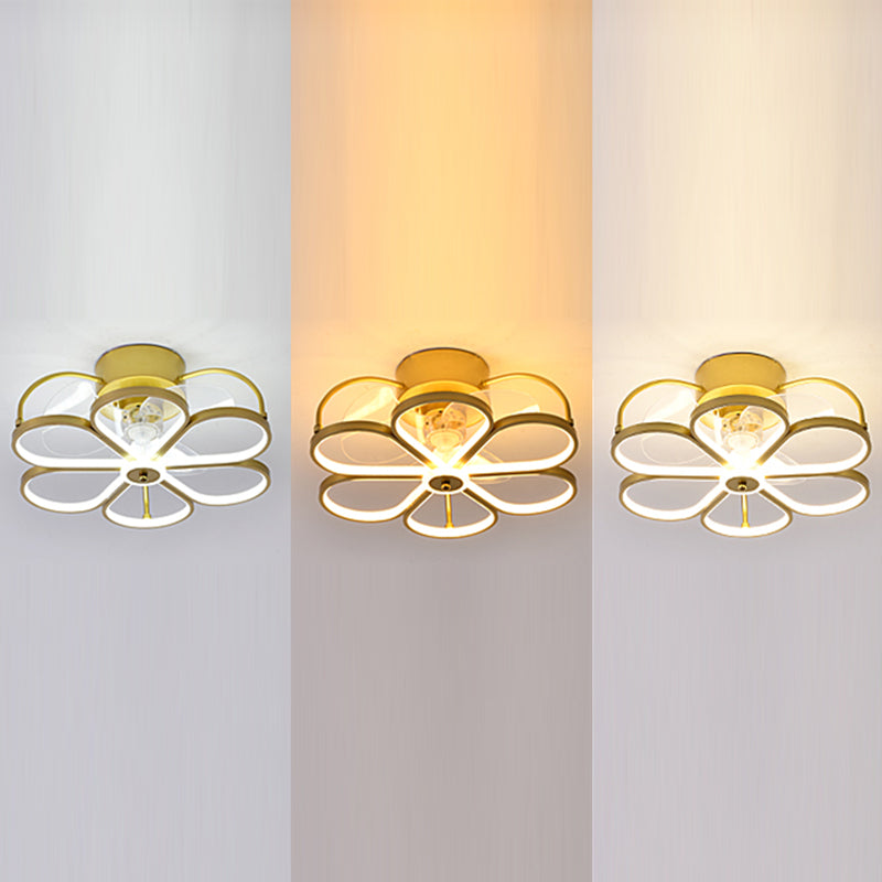 Minimalist Flower Semi Flush Mount Lamp Metal Living Room LED Ceiling Fan Light Fixture