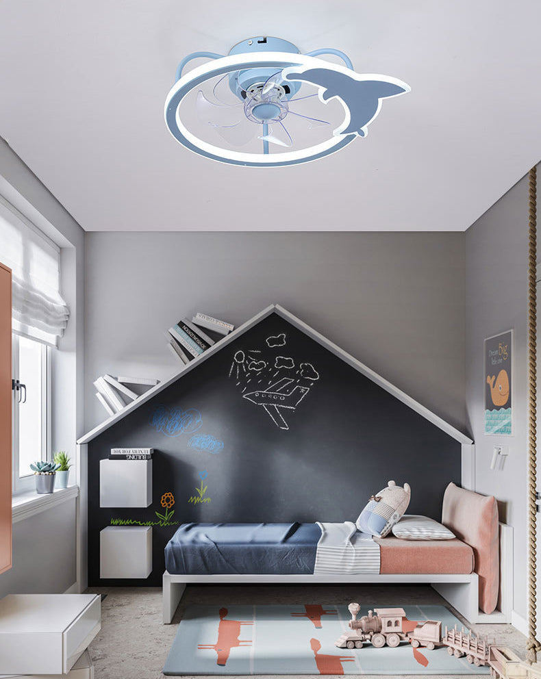 Cartoon LED Semi Flush Lampe Circular Fan Ventimeur avec une teinte acrylique pour la salle des enfants