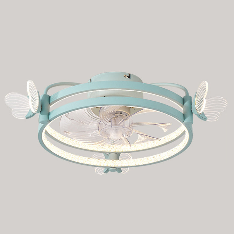Macaron Circular Ceiling Fan Light Fixture Metal Childrens Bedroom LED Semi Flush Mount