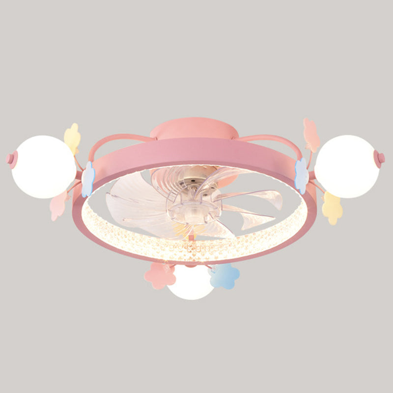 Macaron Circular Ceiling Fan Light Fixture Metal Childrens Bedroom LED Semi Flush Mount