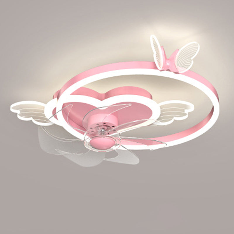 Remote Control Heart Shaped Acrylic Fan Lamp Cartoon LED Semi Flush Ceiling Light for Kids Room