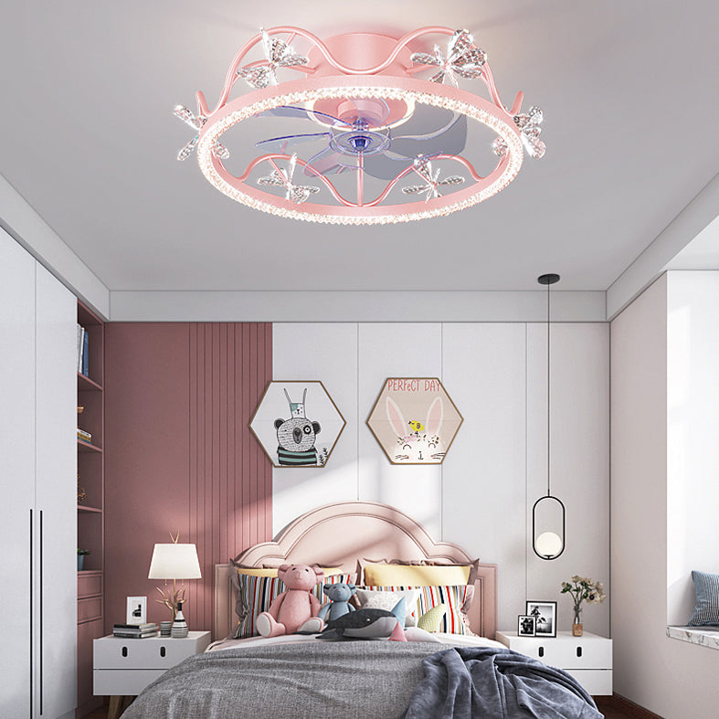 Crown Shaped Kids Bedroom Fan Lighting Metal Macaron LED Semi Flush Ceiling Light with Crystal Decor