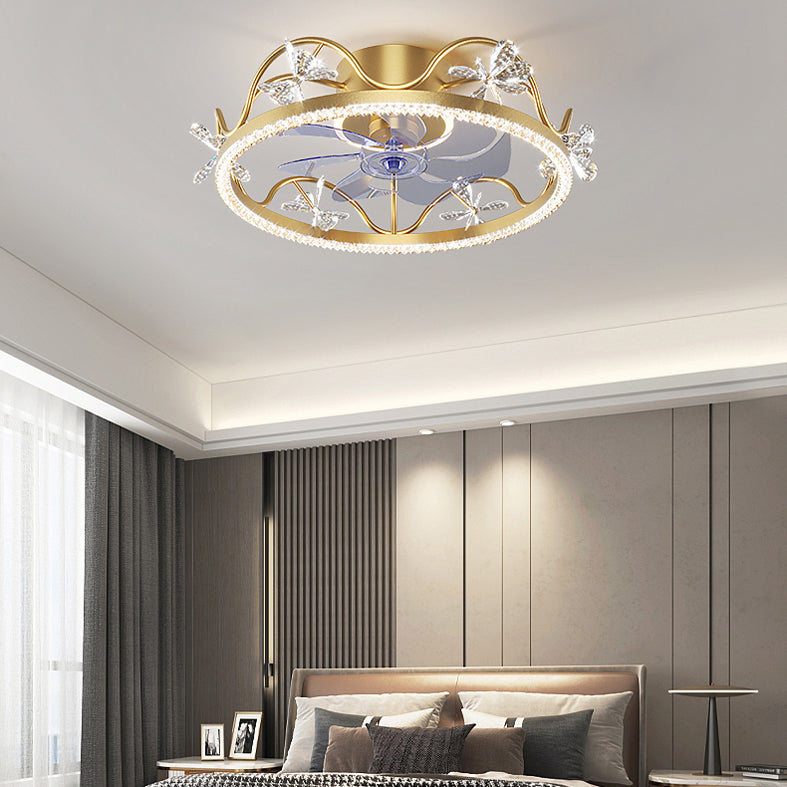 Crown Shaped Kids Bedroom Fan Lighting Metal Macaron LED Semi Flush Ceiling Light with Crystal Decor