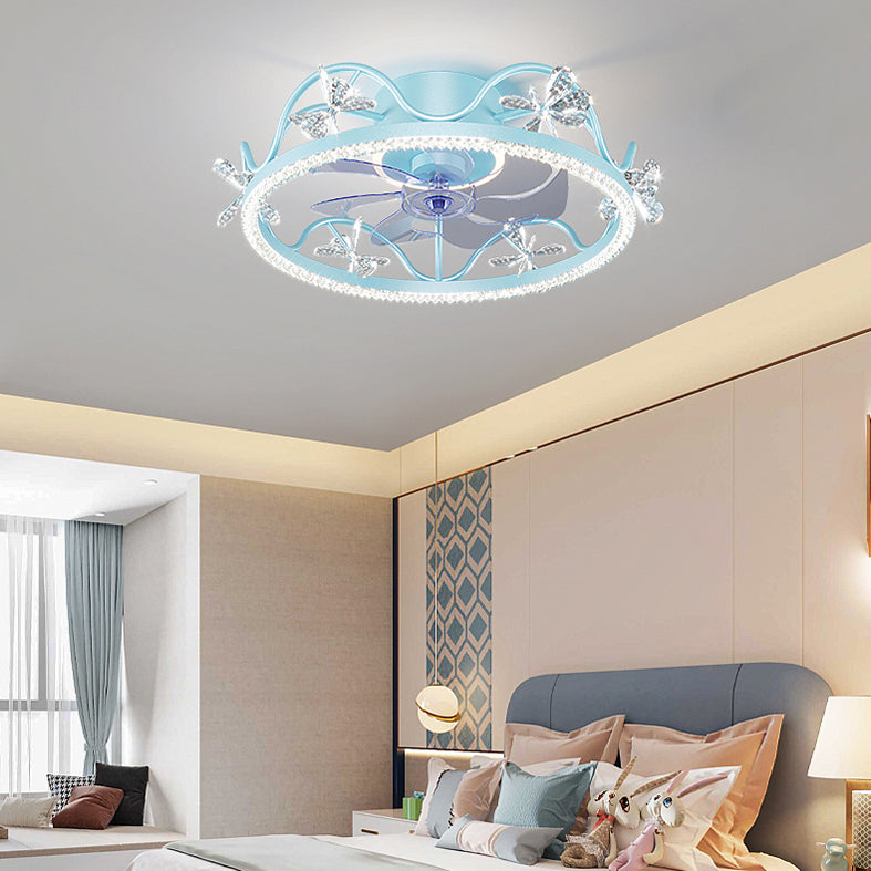 Crown Shaped Kids Bedroom Fan Lighting Metal Macaron LED Semi Flush Ceiling Light with Crystal Decor