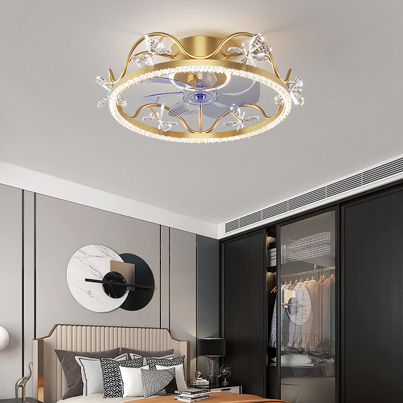 Crown Shaped Kids Bedroom Fan Lighting Metal Macaron LED Semi Flush Ceiling Light with Crystal Decor
