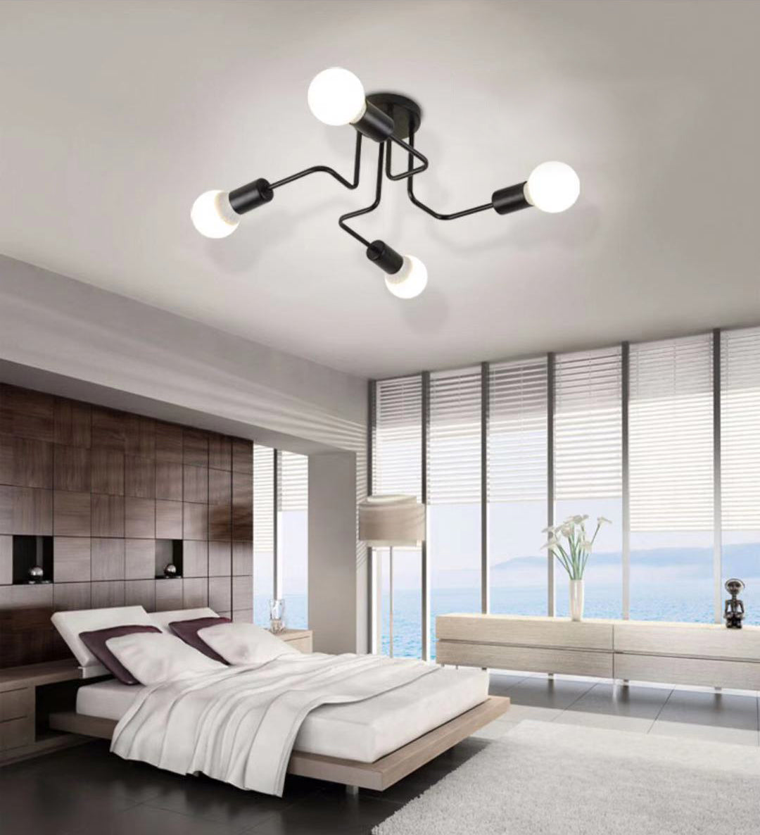 Sputnik Living Room Semi Flush Mount Chandelier Loft Metal Black Semi Mount Lighting