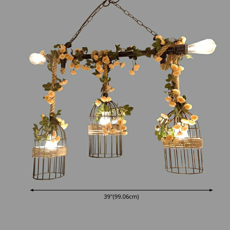 Beige Island Pendant Light Vintage Style Rope Bird Cage Pendant Lighting Fixture
