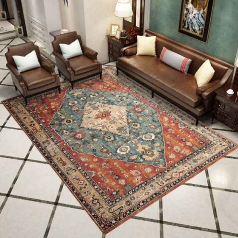 Roter Ton Vintage-Fläche Teppich Polyester Medaillon-Druck Teppich nicht rutschfestem Innenteppich für Wohnzimmer
