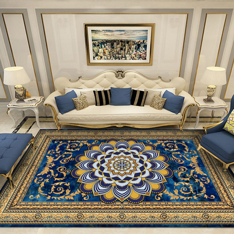Blue Tone Luxury Area Rug Polyester European Print Rug Non-Slip Backing Indoor Rug for Living Room