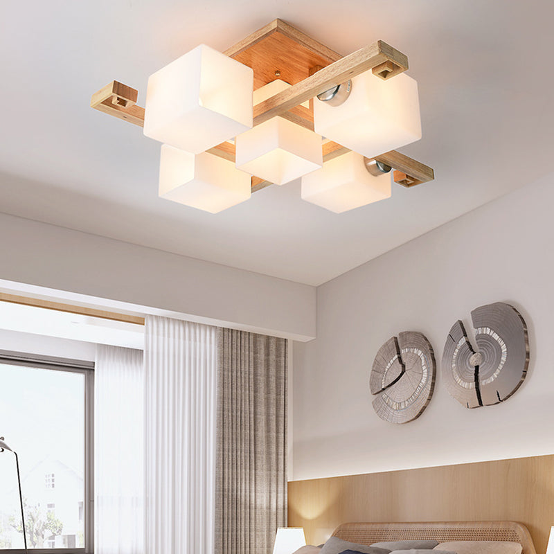Modern Creative Indoor Semi Flush Mount Wooden Sputnik Ceiling Light with White Glass Shade