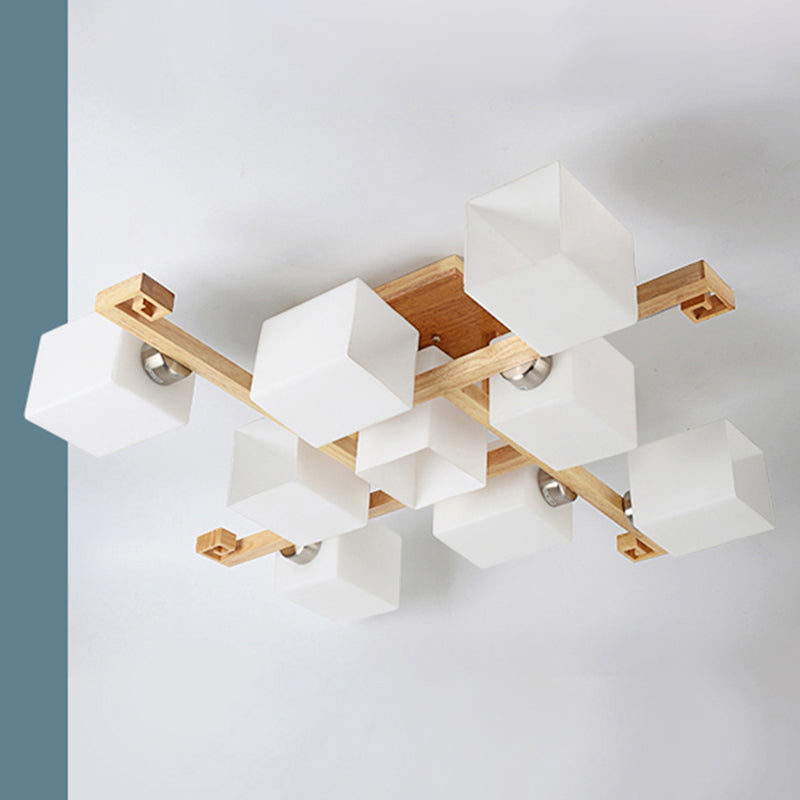 Modern Creative Indoor Semi Flush Mount Wooden Sputnik Ceiling Light with White Glass Shade