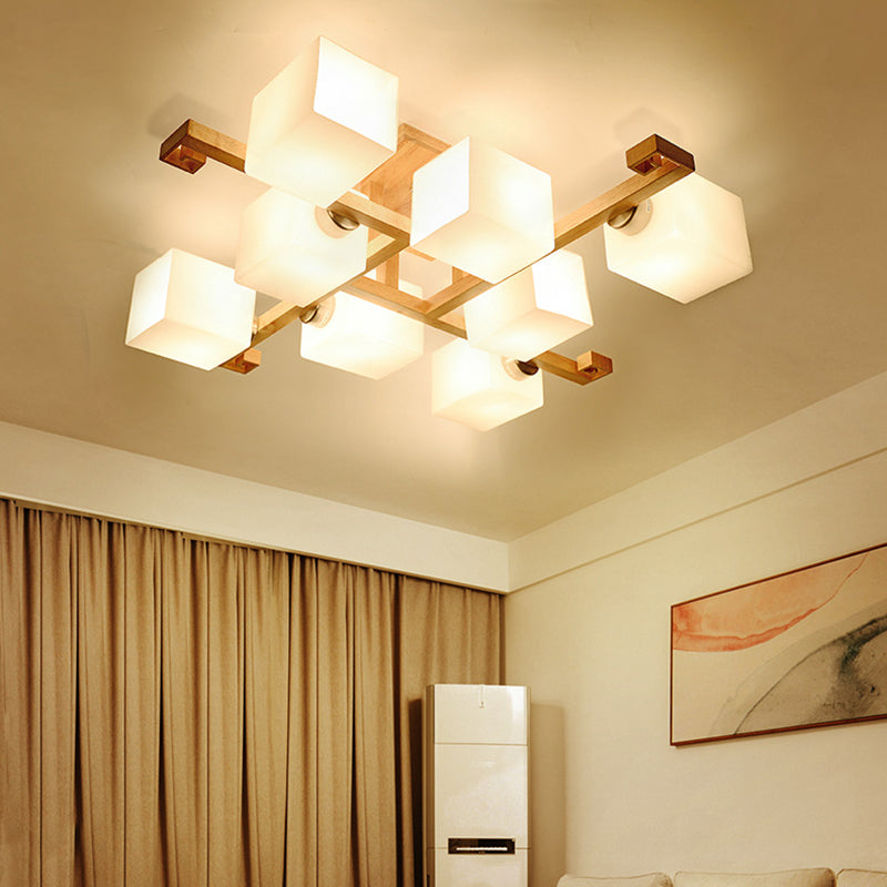 Modern Creative Indoor Semi Flush Mount Wooden Sputnik Ceiling Light with White Glass Shade