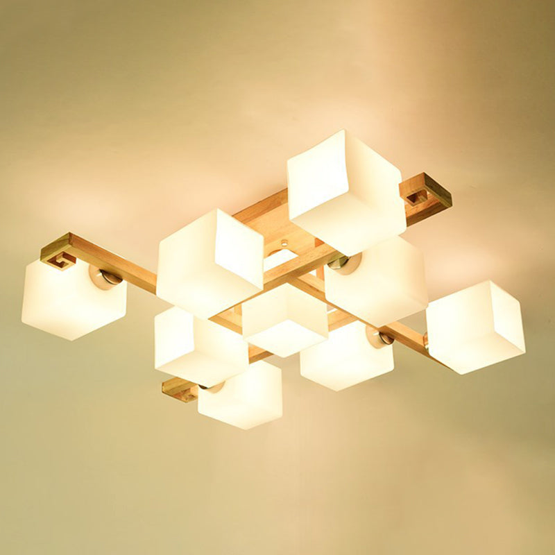 Modern Creative Indoor Semi Flush Mount Wooden Sputnik Ceiling Light with White Glass Shade
