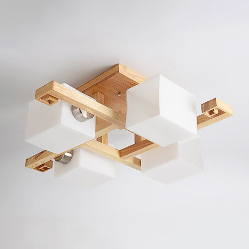 Modern Creative Indoor Semi Flush Mount Wooden Sputnik Ceiling Light with White Glass Shade