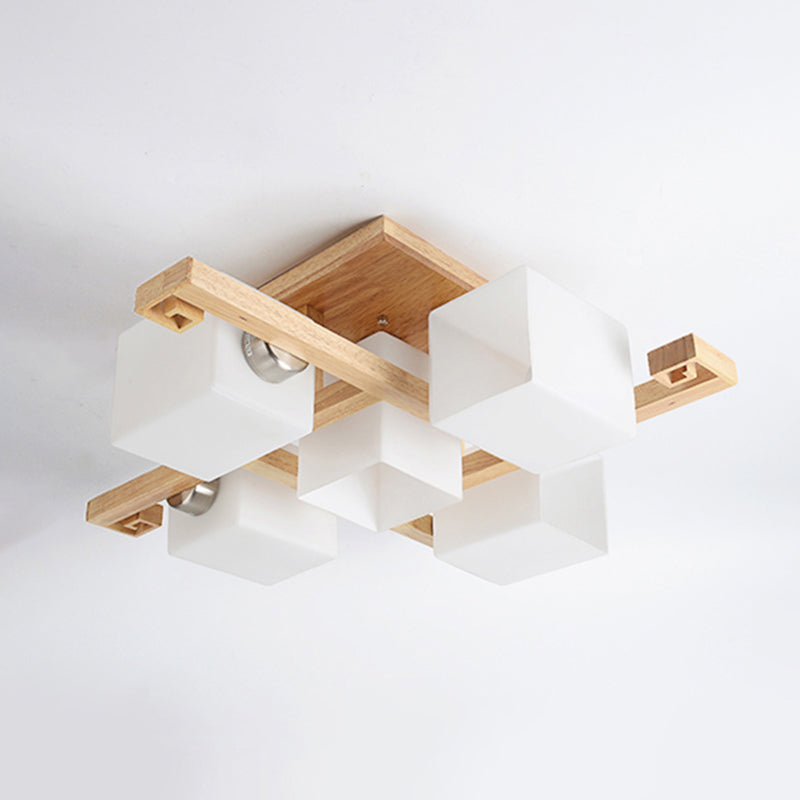 Modern Creative Indoor Semi Flush Mount Wooden Sputnik Ceiling Light with White Glass Shade