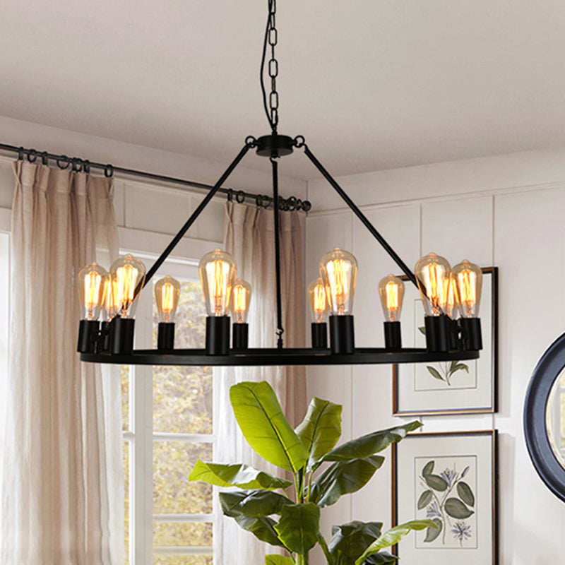 Industrial Circle Hanging Ceiling Lights Black Metal Pendant Chandelier for Dining Room