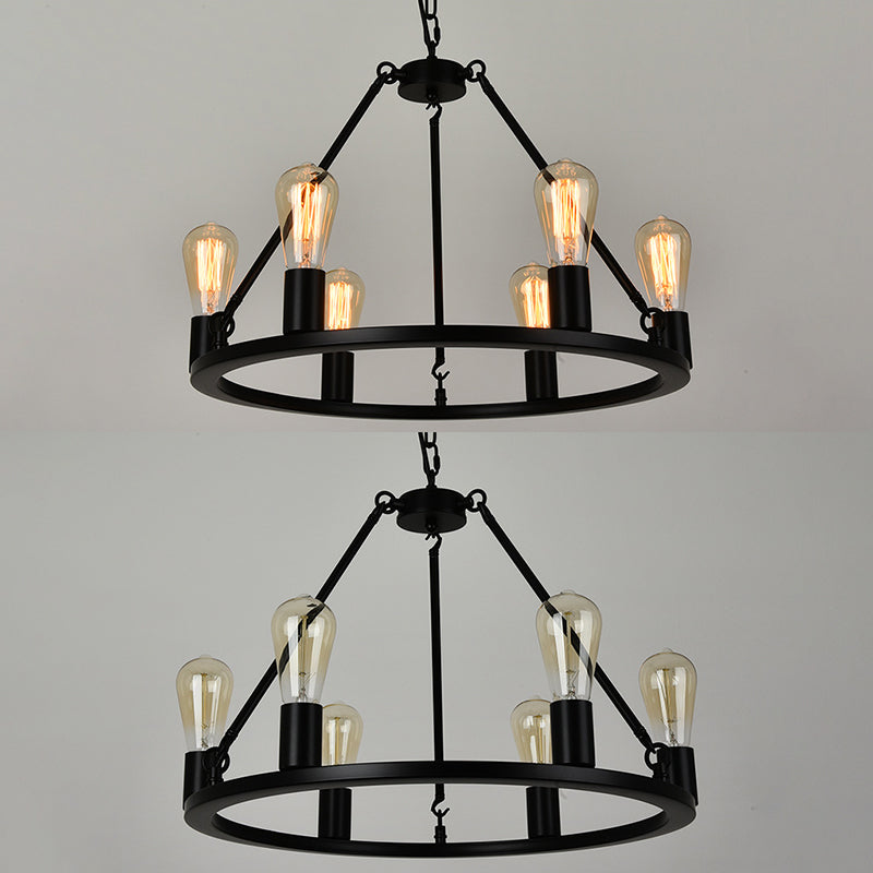 Industrial Circle Hanging Ceiling Lights Black Metal Pendant Chandelier for Dining Room