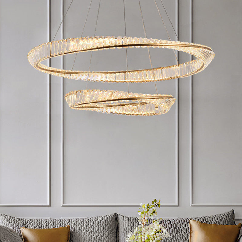 Modern Luxury LED Pendant Light Wrought Iron Circular Hanging Lamp with Crystal Shade