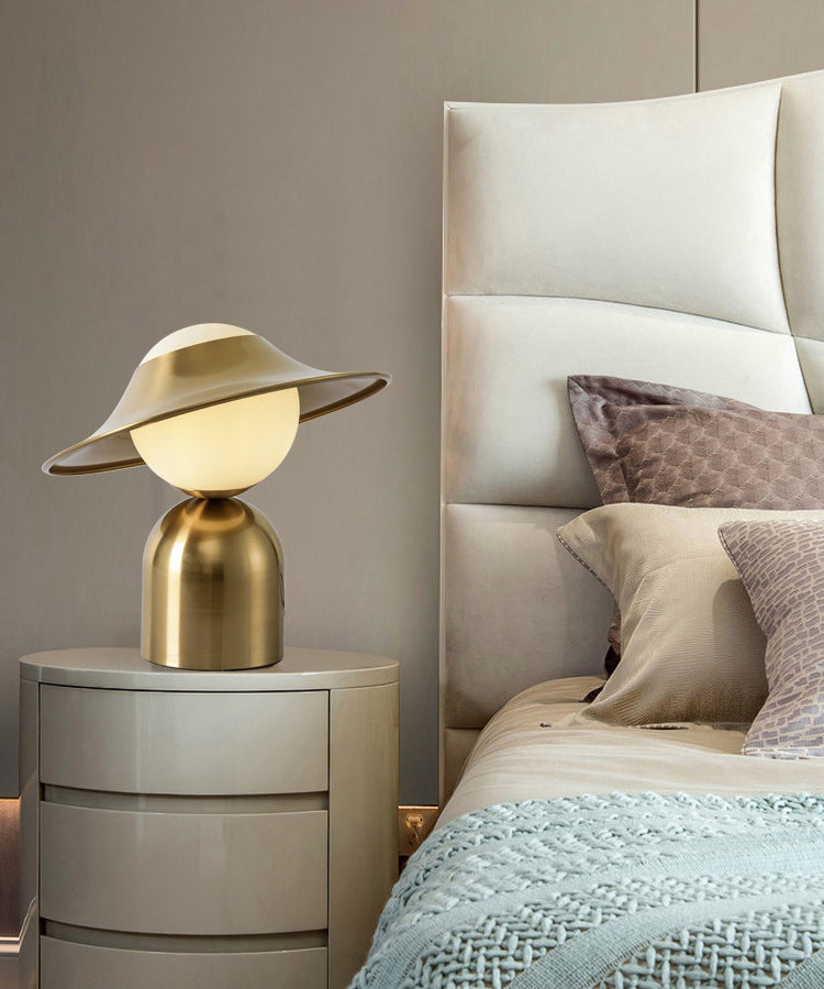 Gold Hat Shaped Table Light Postmodern Style 1 Bulb White Glass Night Stand Lamp