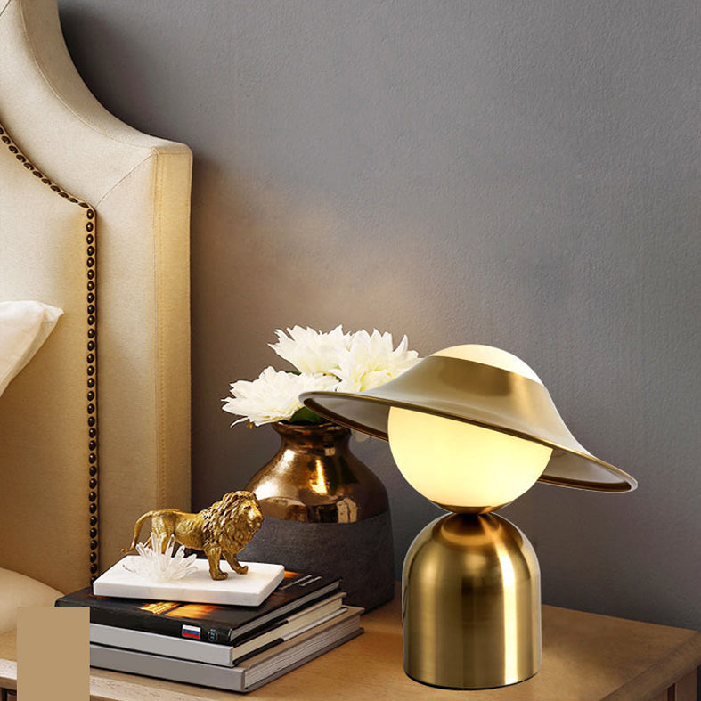 Gold Hat Shaped Table Light Postmodern Style 1 Bulb White Glass Night Stand Lamp