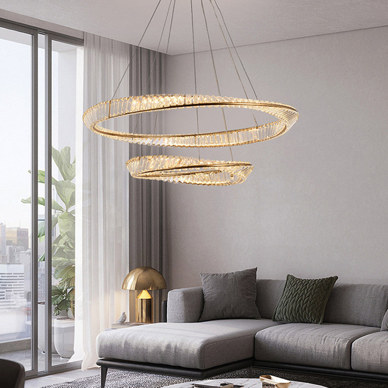 Modern Luxury LED Pendant Light Wrought Iron Circular Hanging Lamp with Crystal Shade