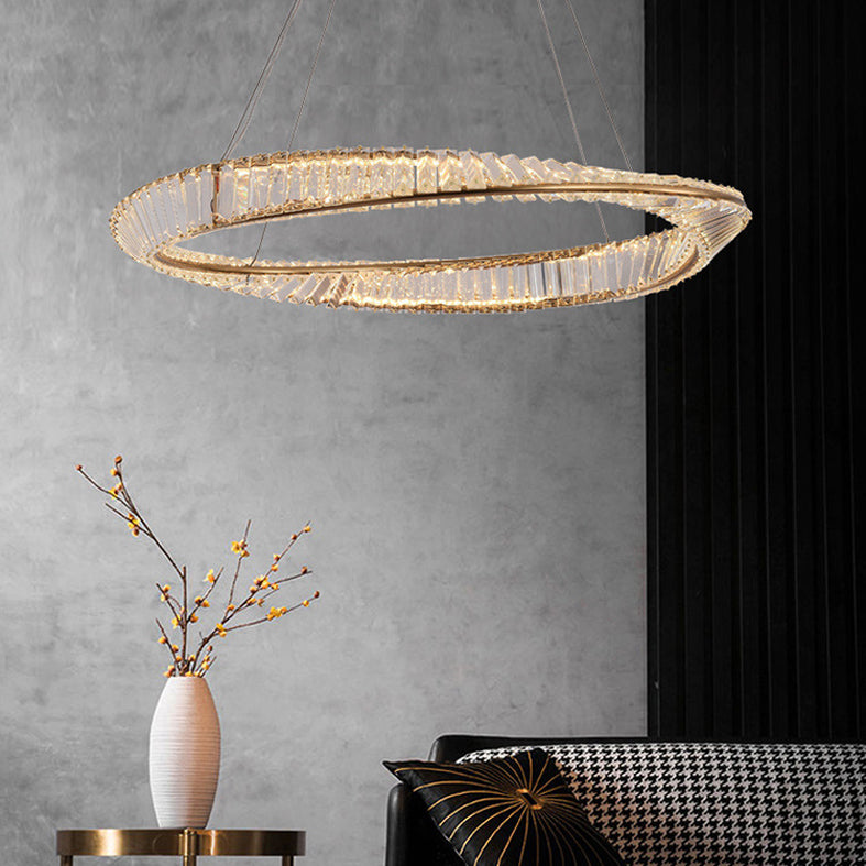 Modern Luxury LED Pendant Light Wrought Iron Circular Hanging Lamp with Crystal Shade