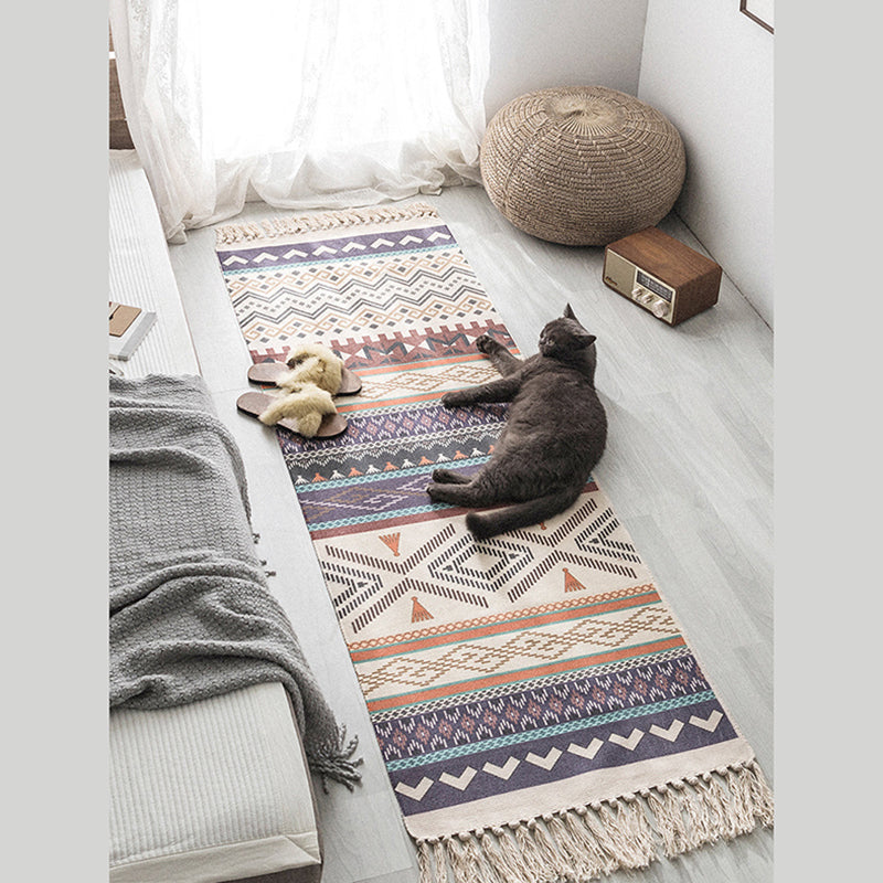 Bohemian Americana Pattern Carpet Purple Polyester Area Rug Fringe Indoor Rug for Home Decor