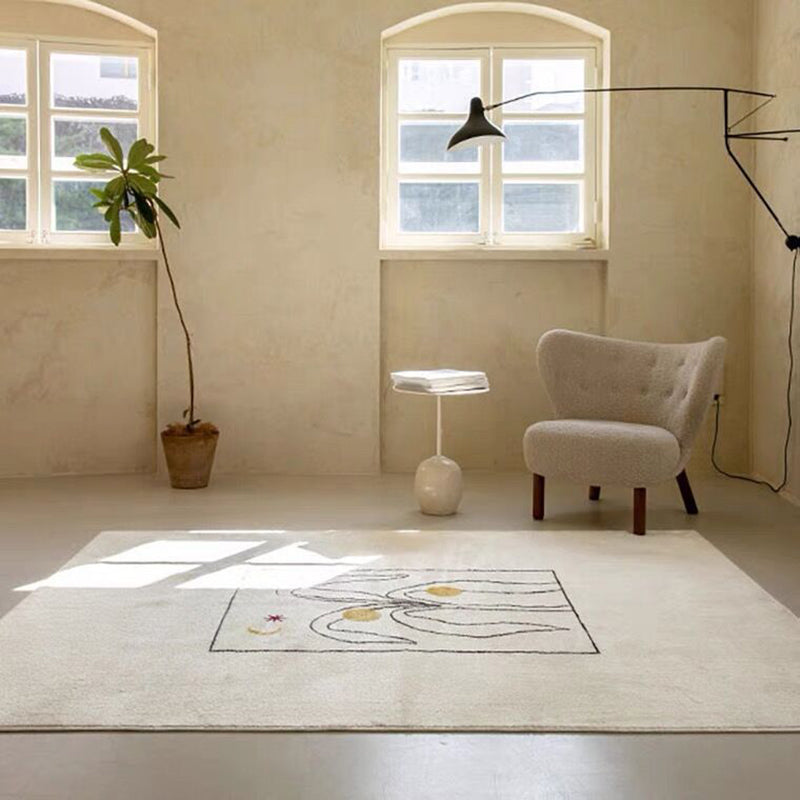 Beige Living Room Carpet Modern Plant Pattern Area Rug Polyester Non-Slip Backing Rug