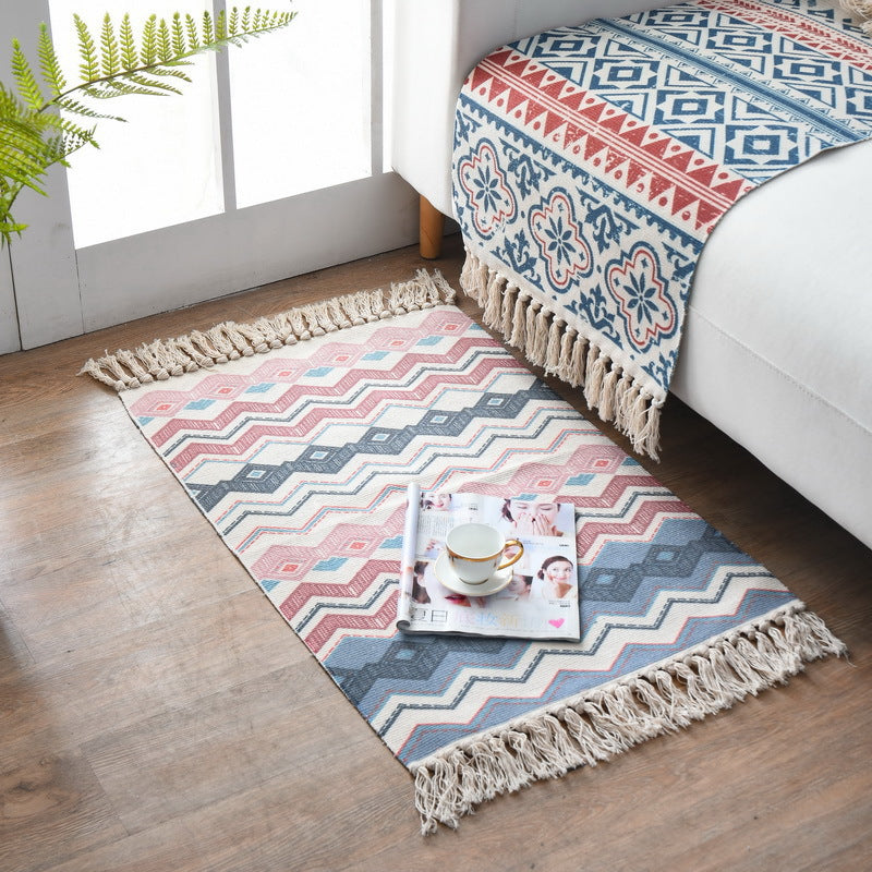 Boho-Chic Fringe Carpet Ameicana Pattern Rug Cotton Blend Area Rug for Bedroom