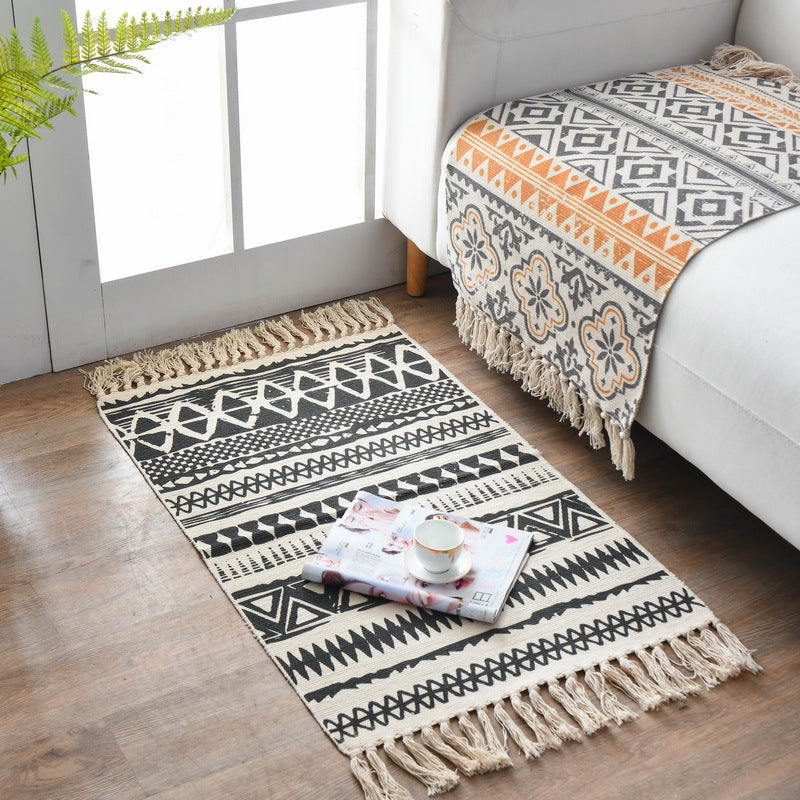 Boho-Chic Fringe Carpet Ameicana Pattern Rug Cotton Blend Area Rug for Bedroom