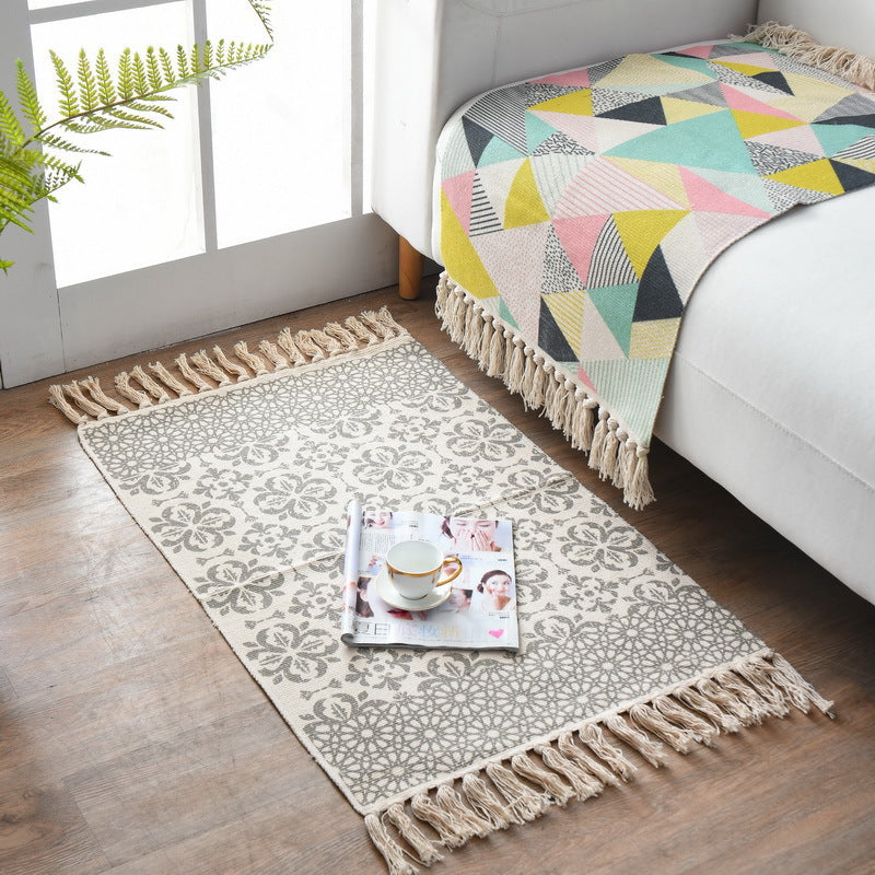 Boho-Chic Fringe Carpet Ameicana Pattern Rug Cotton Blend Area Rug for Bedroom