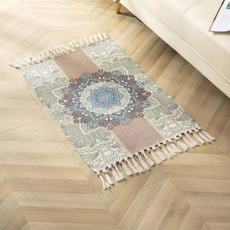 Boho-Chic Fringe Carpet Ameicana Pattern Rug Cotton Blend Area Rug for Bedroom
