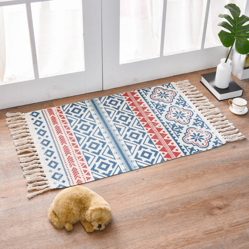 Boho-Chic Fringe Carpet Ameicana Pattern Rug Cotton Blend Area Rug for Bedroom