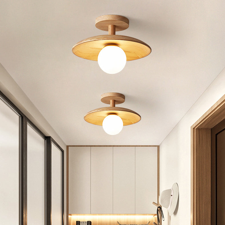 Log Color Globe Semi Flush Mount in Modern Simplicity Wooden Indoor Ceiling Light with Glass Shade