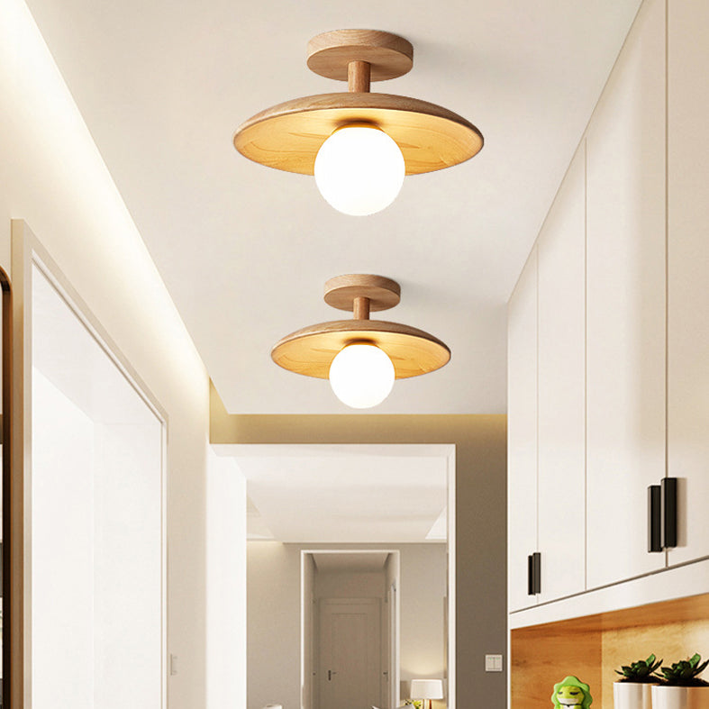 Log Color Globe Semi Flush Mount in Modern Simplicity Wooden Indoor Ceiling Light with Glass Shade