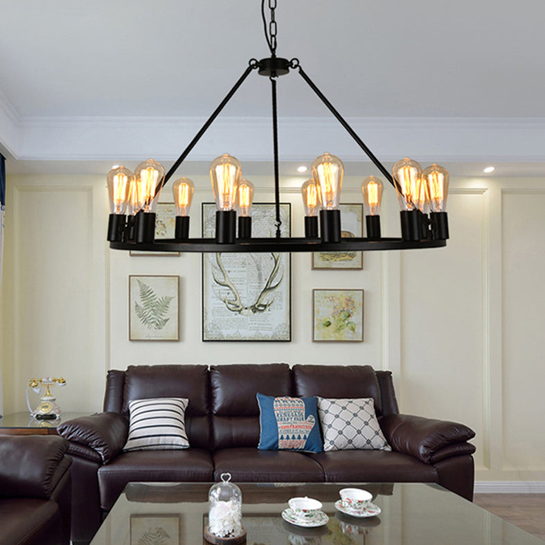 Industrial Circle Hanging Ceiling Lights Black Metal Pendant Chandelier for Dining Room