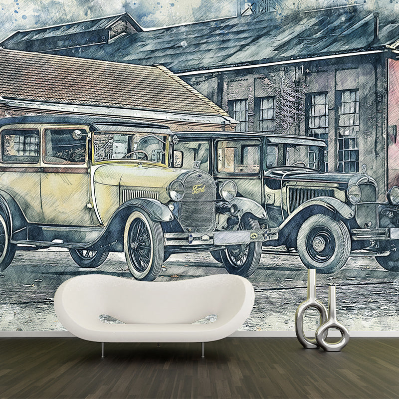 Ilustración Mural de coches antiguos Revestimiento de paredes de estilo industrial para decoración de paredes