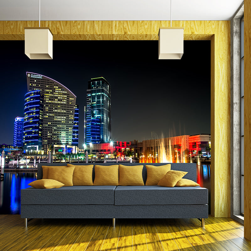 Modern City Building View Mural in Dark Color for Sitting Room ,Personalized Size