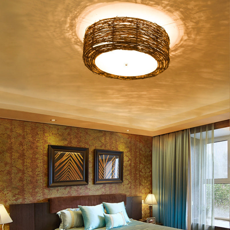 Luminaire de plafond encastré en rotin asiatique, tambour marron pour salle à manger
