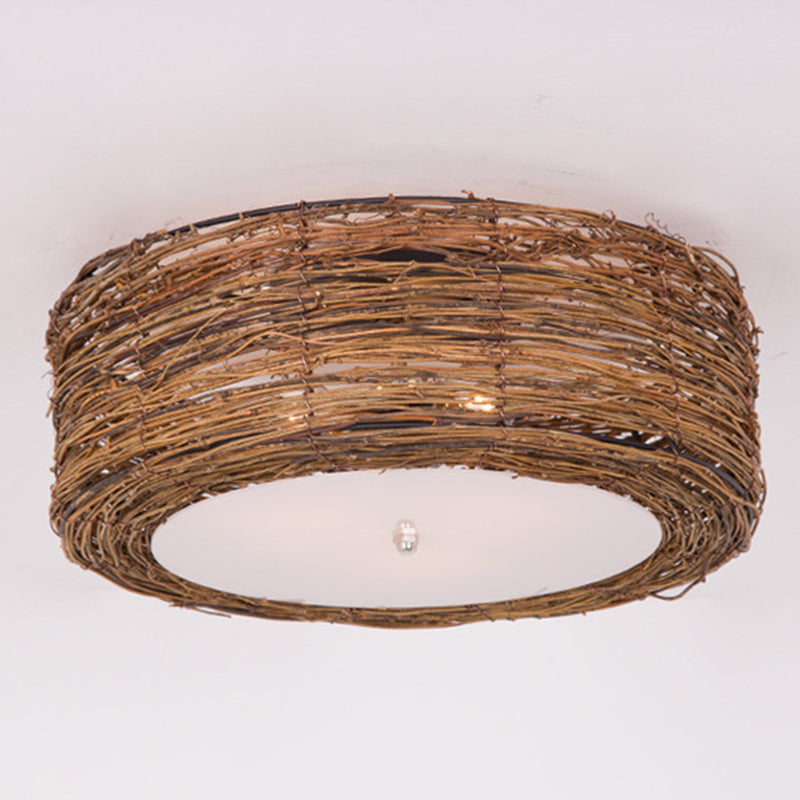 Luminaire de plafond encastré en rotin asiatique, tambour marron pour salle à manger
