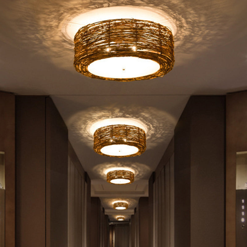Luminaire de plafond encastré en rotin asiatique, tambour marron pour salle à manger