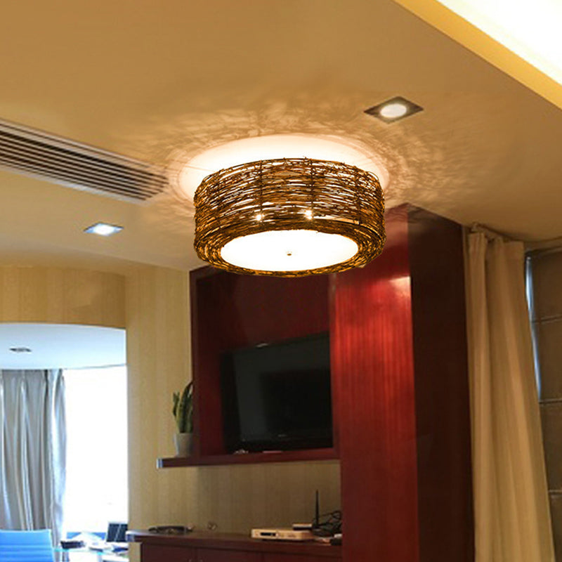 Luminaire de plafond encastré en rotin asiatique, tambour marron pour salle à manger