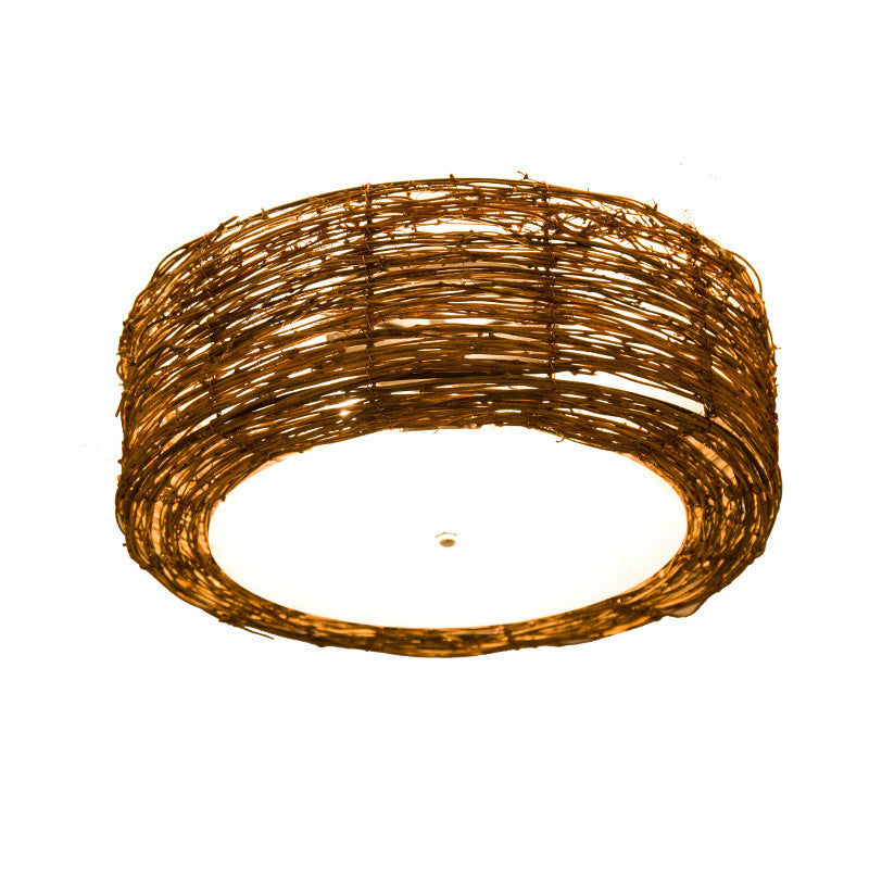 Luminaire de plafond encastré en rotin asiatique, tambour marron pour salle à manger