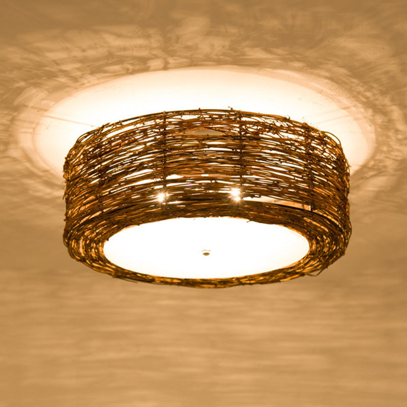 Luminaire de plafond encastré en rotin asiatique, tambour marron pour salle à manger