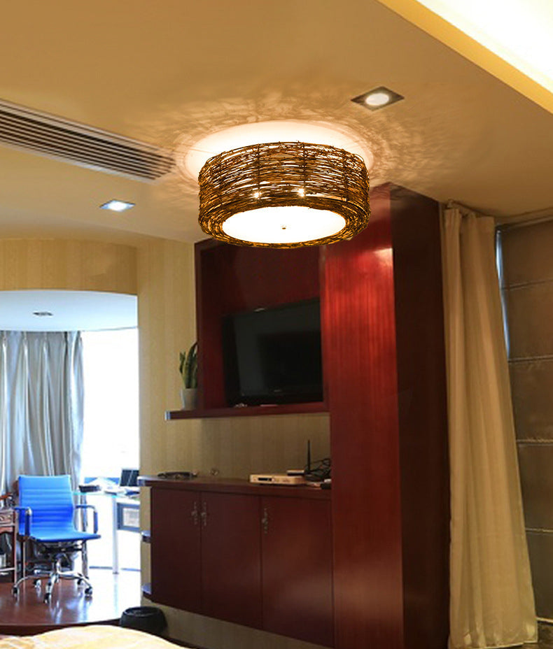 Luminaire de plafond encastré en rotin asiatique, tambour marron pour salle à manger