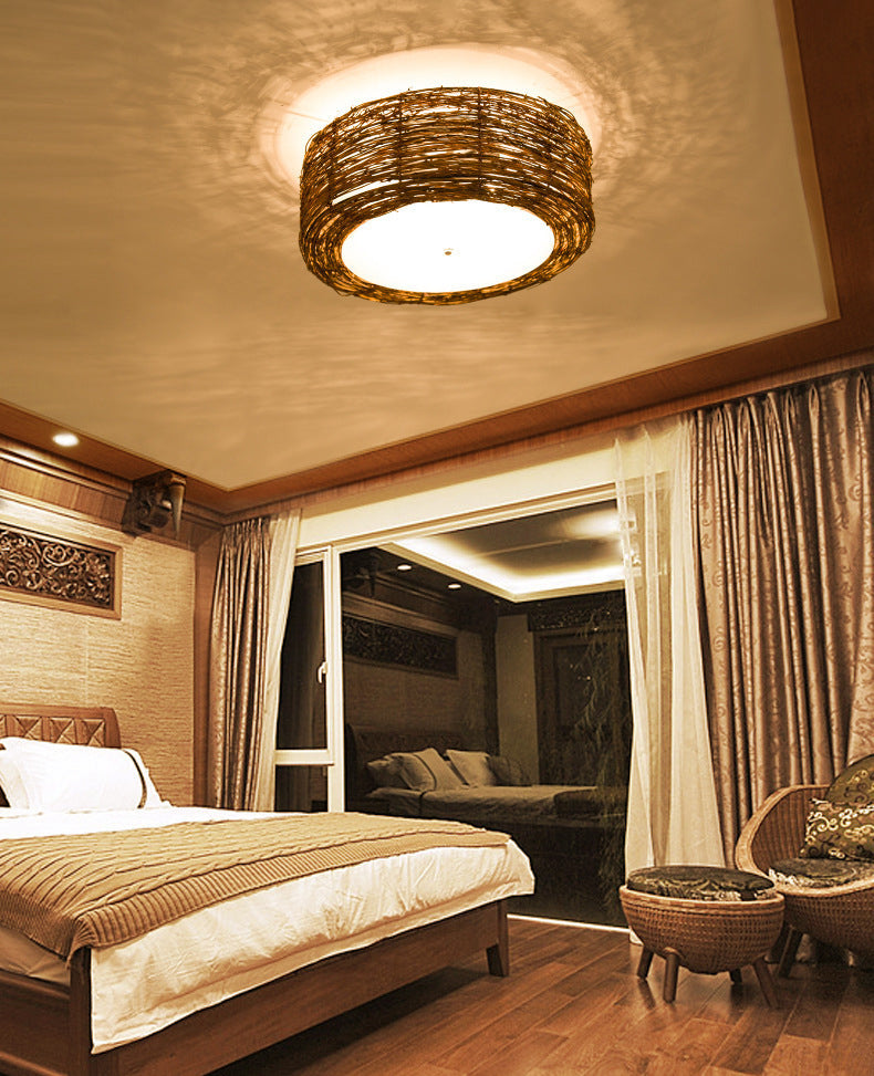 Luminaire de plafond encastré en rotin asiatique, tambour marron pour salle à manger