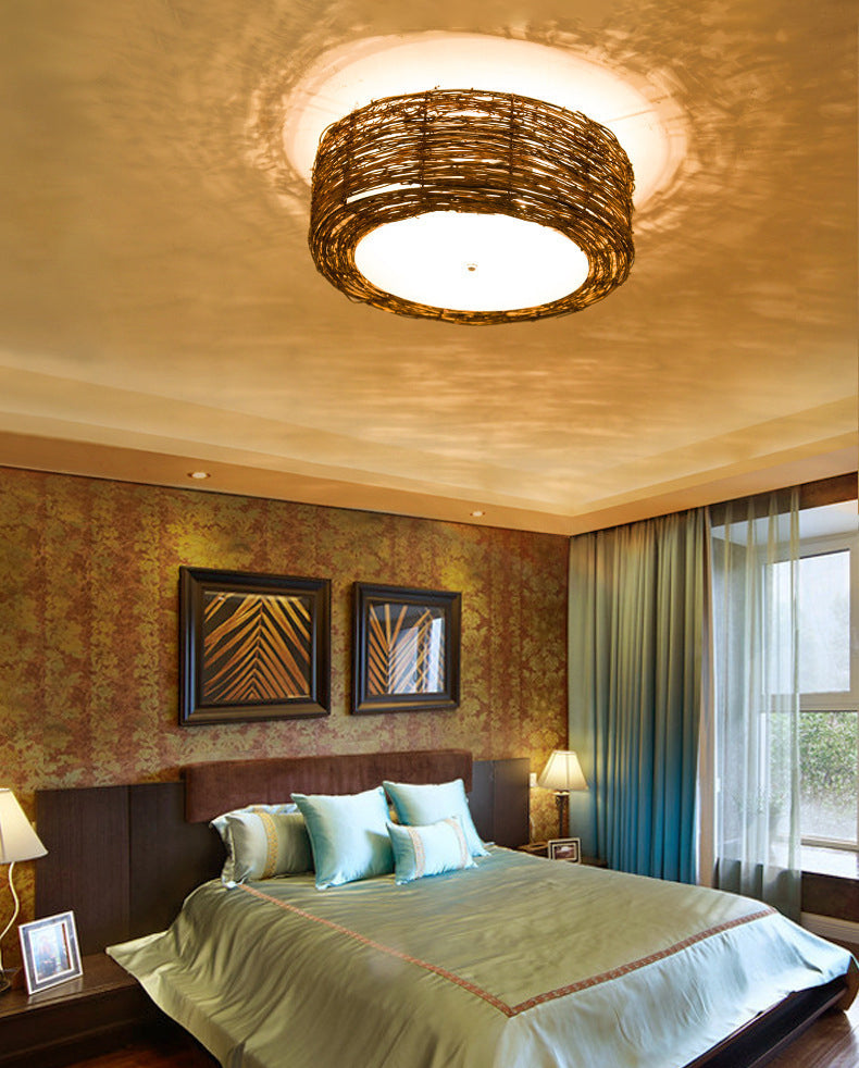 Luminaire de plafond encastré en rotin asiatique, tambour marron pour salle à manger