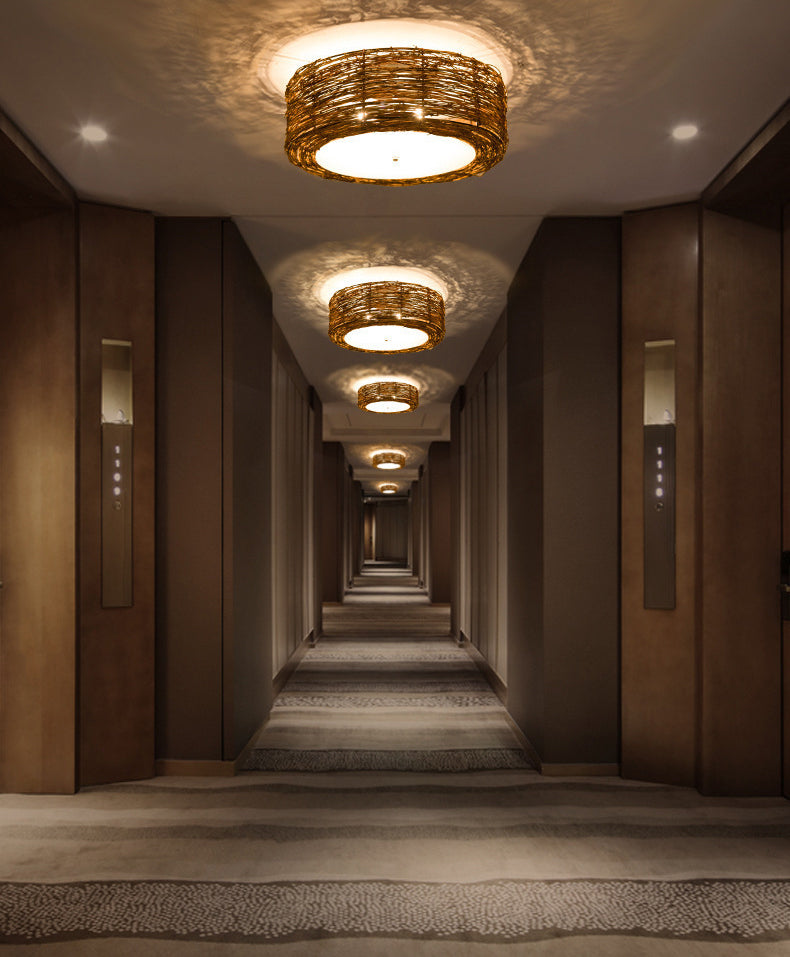 Luminaire de plafond encastré en rotin asiatique, tambour marron pour salle à manger